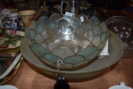 A selection of light shades and milk glass oil lamp globe