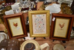 Three framed and glazed pictures including hand tinted hen and ltd 368/500 cockerel.