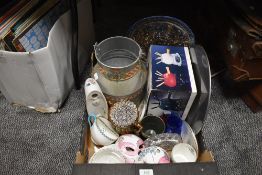 A mixed box of items including ceramics,fondue set and glass.