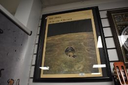 A framed and glazed front page of The Times newspaper, 'On the edge of the moon, Tuesday June 3
