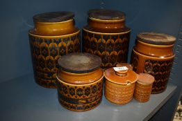 Two large vintage Hornsea pottery 'Heirloom' Lidded storage jars one labelled for flour and the
