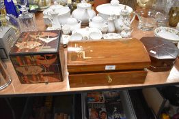 A selection of containers and boxes including part games set in hard wood and brass inlayed chest