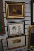 Three pictures,one of comical golfing interest, another a pen and ink landscape and the last still