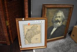An antique aqua tinted map print and oak framed portrait