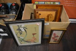 A mixed books of general pictures and frames including marquetry.