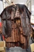Three vintage fur coats, including mink, a mahogany coloured mink stole,and another similar stole.