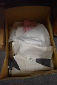 A box of mixed vintage and modern table linen and similar.