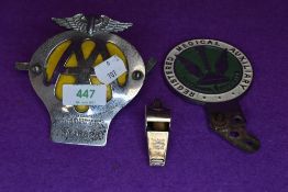 A vintage medical auxiliary badge, an AA motoring badge and an Acme thunderer whistle.