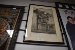 A print of an original dry point etching of Harvard house Stratford upon Avon.