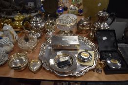 A varied lot containing plated ware and similar, hip flasks, rose bowl,cigar box and more included.