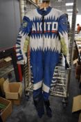 A set of retro Akito all in one motorcycle leathers.