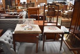 An Edwardian mahogany and inlaid bedroom chair with later woolwork top and a wollwork top piano or