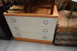 A vintage three drawer bedroom chest, labelled Stag