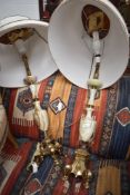 A pair of late C20th brass and alabaster period style table lamps