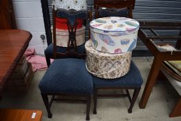 A set of three 19th Century stained frame dining chairs, later upholstered over stuffed seats and