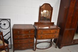 An early 20th Century mahogany and walnut compact dressing table and chest of four drawers, width