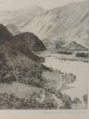 An etching, after Donald Crawford, Lodore, signed, 17 x 14cm, plus frame and glazed, and an etching,