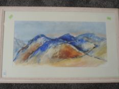 An acrylic painting, mountainous landscape, 28 x 56cm, plus frame and glazed