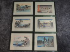 A set of six prints, Japanese, various, 15 x 24cm, plus frame and glazed