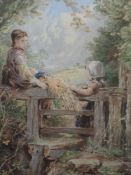 A print, after, Miles Birkett Foster, field gate, 17 x 12cm, plus frame and glazed, and a pair of