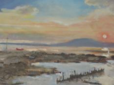 An oil painting, Gill shaw, End of the Day Morecambe, signed and attributed verso, 50 x 50cm, plus