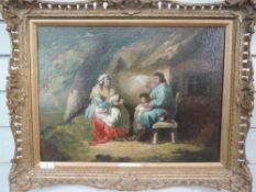 An oil painting on board, in the style of George Morland, rustic cottage family, 35 x 47cm, plus