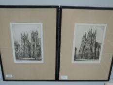 A pair of etchings, after Arthur Spence, Cathedrals, signed, 22 x 15cm, plus frame and glazed