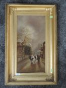 An oil painting, L A Tollady, village street scene, 49 x 24cm, plus frame