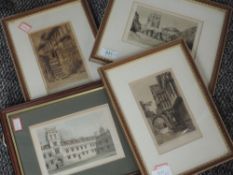 Three etchings, Cockington Church, Ann Hathaways Cottage and Warwick, each indistinctly signed, 16 x