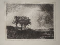 An etching, after Baillie, Rembrandt style landscape, indistinctly signed, 23 x 30cm