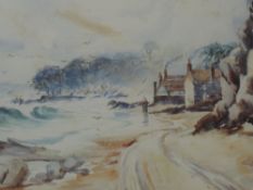 A watercolour, D R Sellars, coastal cottages, When the Wind blows in from the Sea, signed 19 x 33cm,