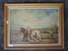 An oil painting on board, J W Taylor, ploughing field, signed, 30 x 43cm, plus frame and glazed