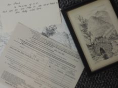 A pen and ink sketch, Alfred Wainwright, Langdale Pikes, signed 15 x 9cm, plus frame and glazed, a