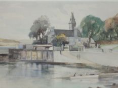 A watercolour, Alexander Adam, church and harbour, 30 x 37cm, plus frame and glazed