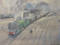 A watercolour, Ebenezer John Woods Prior, train interest, Yorkshire Pullman leaving Kings Cross