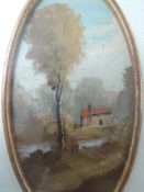 An oil painting, Tassinari, oval study, river cottage, signed, 12 x 8cm, plus frame and glazed