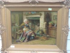 An oil painting, S Jowett, cottage interior with sewing lady, signed, 30 x 40cm, plus frame