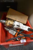 Two corded drills, both Black and Dekker one with stand,also included is an oil can.