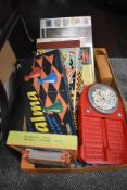 A box of predominantly vintage board games including Frustration and Draughts.