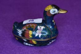A cloisonné lidded trinket pot in the form of a duck.