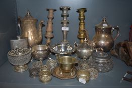A selection of plated ware and similar including napkin rings,tea and coffee pots, dressing table