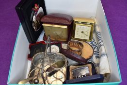 A small selection of misc including travel clocks, Dalvey pocket cup by Grants of Dalvey Ltd, Ronson