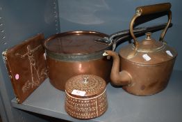 A selection of copper kitchen and bake wares including large lidded stove pan and similar kettle