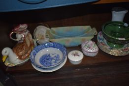 A selection of ceramics and table wares including duck styled egg holder and art deco bowls