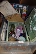 A vintage sewing basket and a collection of Haberdashery and sewing patterns.