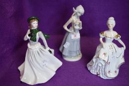 A selection of ceramic figures including milkmaid and Coalport 'Winter stroll'.