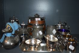 A selection of metal and plated wares including pewter mugs and oak biscuit barrel
