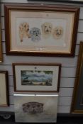 Three original art works including otter beach scene and dog pack