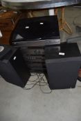 A stackable hi fi unit and record player by JVC with a pair of speakers