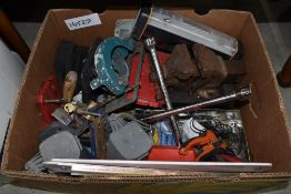 A selection of diy and building tools including Record vice